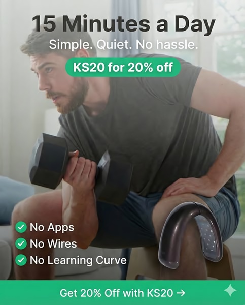 A 4:5 ratio ad showcasing a muscle recovery device being used during a home workout with clear, benefit-driven text overlays highlighting simplicity.